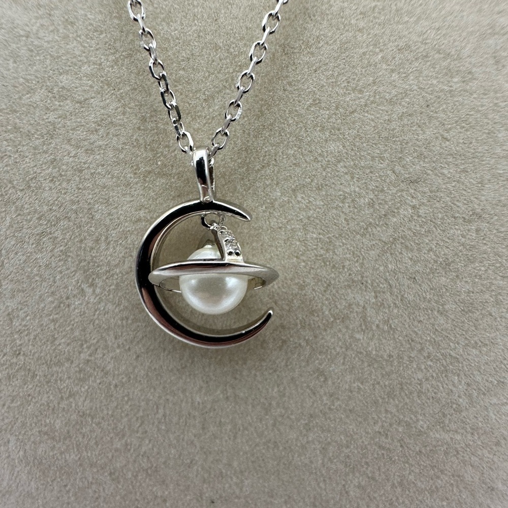 Elegant Silver Moon and Pearl Planet Pendant Necklace